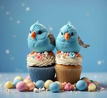 ai generiert Drosseln und Cupcakes mit Marshmallows auf ein Blau Hintergrund foto