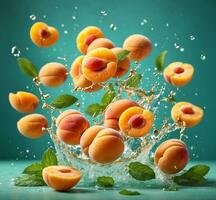 ai generiert fallen Aprikosen mit Wasser Spritzen auf ein Türkis Hintergrund foto