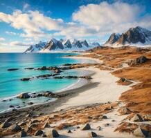 ai generiert Panorama- Aussicht von Lofoten Inseln, Norwegen. foto