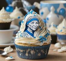 ai generiert Cupcakes dekoriert mit Blau Buttercreme Glasur und dekoriert mit ein Schneemann Figur foto