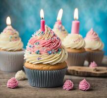 ai generiert Schokolade Cupcake mit Schokolade Sahne und Verbrennung Kerzen auf ein braun Hintergrund foto