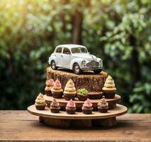 ai generiert Auto und Kuchen auf Holz Tabelle mit Bokeh Hintergrund, Jahrgang Ton foto