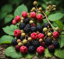 ai generiert reif Brombeeren und Himbeeren auf ein hölzern Hintergrund. foto