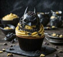 ai generiert Halloween Cupcakes mit schwarz und Weiß Glasur, selektiv Fokus foto