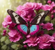 ai generiert schön Schmetterling auf Rosa Blumen, Nahansicht. Natur Hintergrund foto