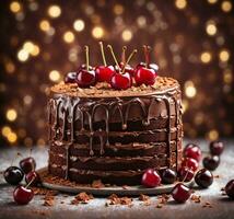 ai generiert Schokolade Kuchen mit Kirschen auf ein dunkel Hintergrund. selektiv Fokus. foto