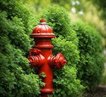 ai generiert rot Feuer Hydrant im das Park mit Grün Gebüsch auf Hintergrund. foto