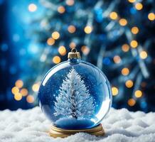 ai generiert Weihnachten Glas Ball mit Tanne Baum auf Schnee und Bokeh Hintergrund foto