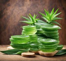 ai generiert Aloe vera frisch Blätter auf ein hölzern Tisch. Aloe vera ist ein Beliebt Kräuter- Medizin. foto