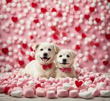 ai generiert zwei süß Labrador Retriever Welpen mit Herzen auf Rosa Hintergrund. foto
