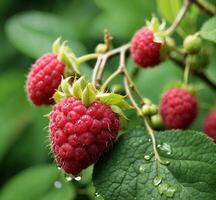 ai generiert reif Himbeeren auf ein Ast mit Grün Blätter im das Regen foto