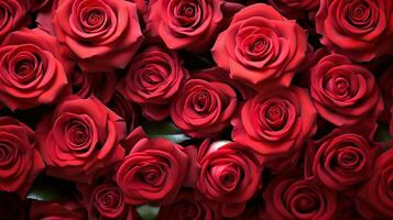 ai generiert oben Winkel Aussicht von rot Rosen Blumen Muster. Gruppe von natürlich rot Rosen Hintergrund. zum Valentinstag Gruß, romantisch Hintergrund Konzept. generativ ai foto