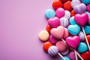 ai generiert Rosa locken Herz geformt Süßigkeiten bilden ein wunderlich Regenbogen Anzeige foto