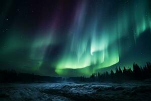 ai generiert Nacht Himmel geschmückt ein faszinierend Anzeige von das schön Aurora foto