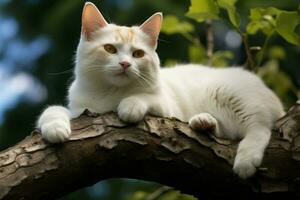 ai generiert katzenartig Anmut ein Weiß Katze Lounges auf ein Baum Zweig, präsentieren Ruhe foto