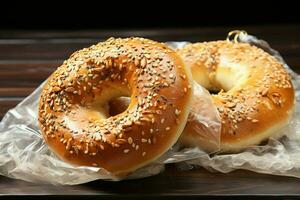 ai generiert Bagel Duo ein herrlich Paar von frisch gebacken, einladend Güte foto