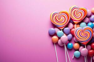 ai generiert Süßigkeiten Fantasie ein Rosa Hintergrund geschmückt mit ein Regenbogen von Herzen foto