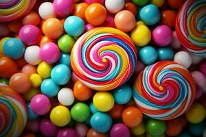 ai generiert Süßigkeiten Kaleidoskop ein Hintergrund platzt mit ein randalieren von beschwingt, bunt Süßigkeiten foto