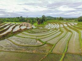 das Schönheit von das Morgen Panorama mit Sonnenaufgang im Indonesien Dorf foto