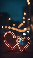 ai generiert Valentinsgrüße Tag Hintergrund mit zwei rot Herzen im Bokeh foto