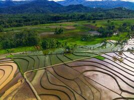 das Schönheit von das Morgen Panorama mit Sonnenaufgang im Indonesien Dorf foto