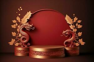 ai generiert Chinesisch Drachen und Gold Rahmen auf rot Hintergrund foto