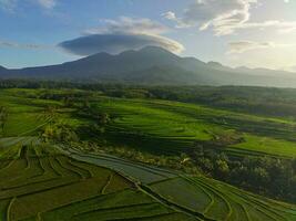 das Schönheit von das Morgen Panorama mit Sonnenaufgang im Indonesien Dorf foto