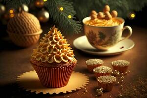 ai generiert Weihnachten Cupcake mit Weihnachten Baum und Weihnachten Dekorationen foto