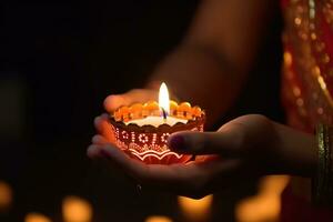 ai generiert ein Frau halten ein zündete Diya Kerze im ihr Hand foto