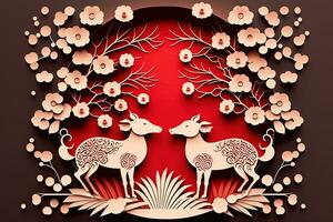 ai generiert Chinesisch Neu Jahr Papier Kunst mit zwei Hirsch foto