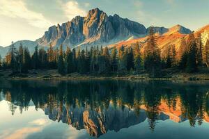 ai generiert golden Sonnenuntergang leuchten majestätisch Berge, gespiegelt perfekt im ein still Wald See. foto