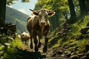 ai generiert ein Kuh Spaziergänge auf ein Wald Weg, Sonnenlicht Filter durch das Bäume Erstellen ein heiter Atmosphäre, Ein weiterer Kuh folgt. foto