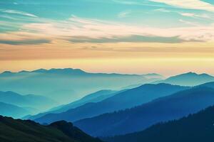 ai generiert ein atemberaubend Sonnenuntergang leuchten das neblig Berg Bereiche, präsentieren ein tanzen von Farben im das Himmel und Gießen heiter Silhouetten. foto