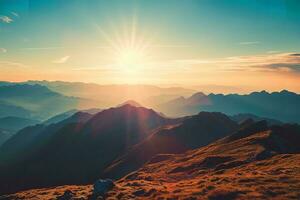 ai generiert ein atemberaubend Sonnenaufgang leuchtet Berg Spitzen, Gießen kompliziert Schatten und Hervorheben das texturiert Terrain. foto