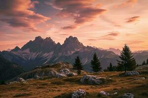 ai generiert ein atemberaubend Sonnenuntergang leuchten ein robust Berg Landschaft, umgeben durch üppig Grün und ein Aura von friedlich Einsamkeit. foto