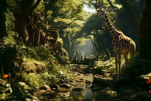 ai generiert ein Giraffe inmitten üppig Grün, durch ein friedlich Strom mit Felsen. Sonnenlicht Filter durch das dicht Wald Überdachung. foto