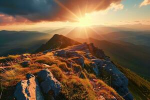 ai generiert atemberaubend Sonnenuntergang oben auf robust Berge das Sonne golden Strahlen erleuchten das felsig Landschaft und üppig Grün. foto