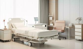 ai generiert modern Luxus Krankenhaus Zimmer Innere mit leeren Bett, Sessel und eingetopft Pflanze foto