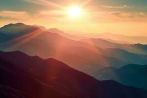 ai generiert ein atemberaubend Sonnenuntergang leuchten ein Berg Bereich, Gießen golden Farbtöne und Schatten Das Markieren das Terrain majestätisch Konturen. foto