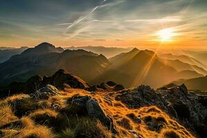 ai generiert ein atemberaubend Sonnenaufgang Über robust Berge, Gießen ein golden glühen auf das felsig Terrain und Hervorheben das heiter Schönheit von Natur. foto