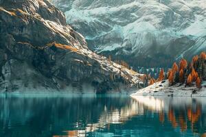 ai generiert schneebedeckt Berge Turm Über ein still alpin See umgeben durch herbstlich Bäume reflektieren im das Ruhe Gewässer. foto