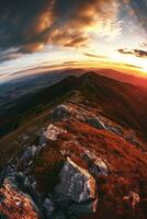 ai generiert ein atemberaubend Sonnenuntergang inmitten ein bergig Landschaft. das Himmel ist gemalt mit Farbtöne von orange, Gelb, und rot mischen in das Blau. Wolken sind verstreut über das Himmel Hinzufügen foto