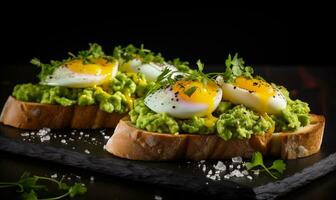 ai generiert Eier und Guacamole auf Toast serviert auf ein schwarz Hintergrund foto