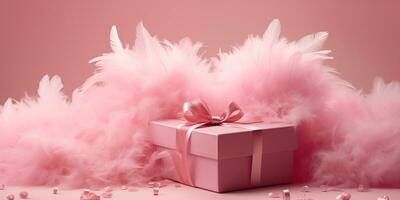 ai generiert Rosa Geschenk Box umgeben durch Gefieder auf ein Rosa Hintergrund. Valentinstag Tag Feier. generiert durch künstlich Intelligenz. foto