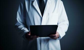 ai generiert das männlich Arzt benutzt seine Digital Tablette im das Beratung. Medizin und Gesundheitswesen Konzept. foto