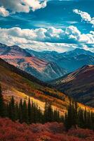 ai generiert ein atemberaubend Herbst Landschaft mit beschwingt Farben schmücken das Berg Pisten. das Himmel ist ein hell Blau mit flauschige Wolken Hinzufügen Kontrast und Tiefe zu das Szene foto