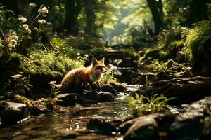 ai generiert ein lebendig Bild Erfassen ein Fuchs durch ein Wald Strom, umgeben durch üppig Grün mit Sonnenlicht Filtern durch das Bäume Erstellen ein magisch Atmosphäre. foto