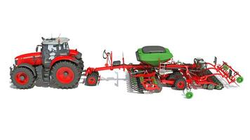 Bauernhof Traktor mit Samen bohren 3d Rendern auf Weiß Hintergrund foto
