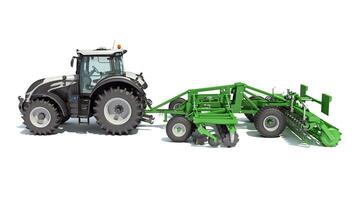 Traktor mit nachgezogen Rabatt Egge Bauernhof Ausrüstung 3d Rendern auf Weiß Hintergrund foto