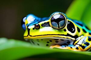 ai generiert Zoomen im auf das bunt und texturiert Haut von ein Regenwald Frosch, Hervorheben es ist einzigartig Markierungen, Hintergrund Bild, generativ ai foto